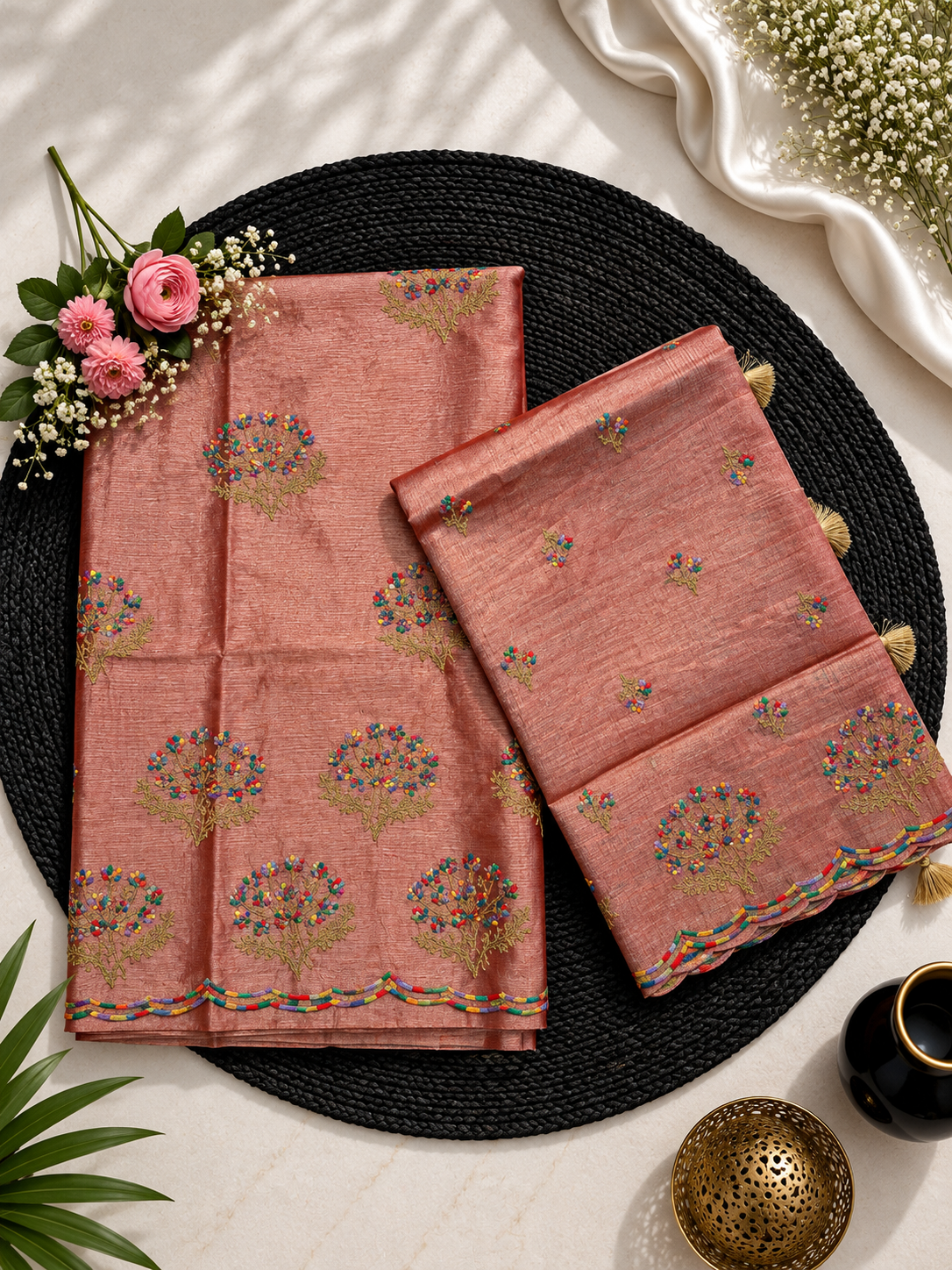 Pure tissue stripe zari weaved with embroidery work unstiched suits sets