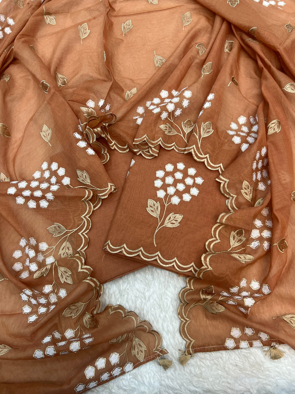 Pure mal Chanderi beige tussar embroidered cotton applique Alia Bhatt inspired unstitched suits sets