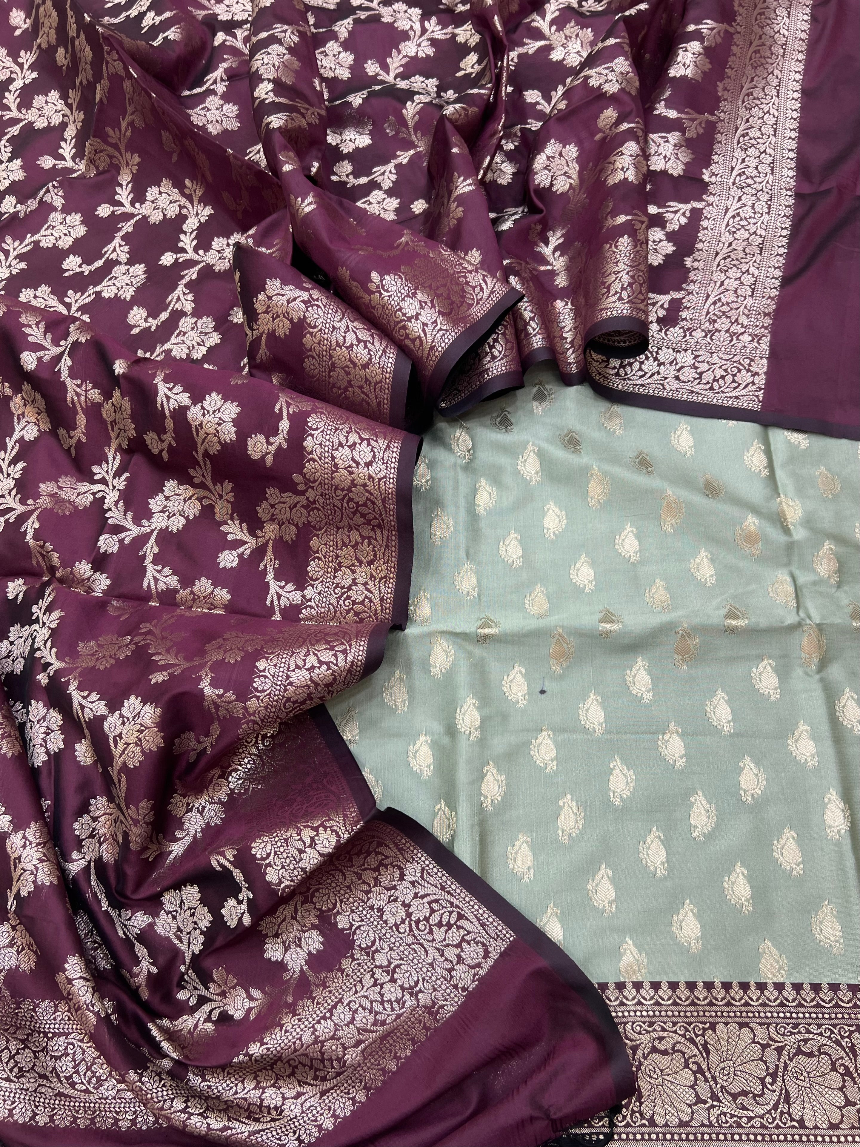 Banarasi silk zari jackard weaving contrast unstitched suits sets