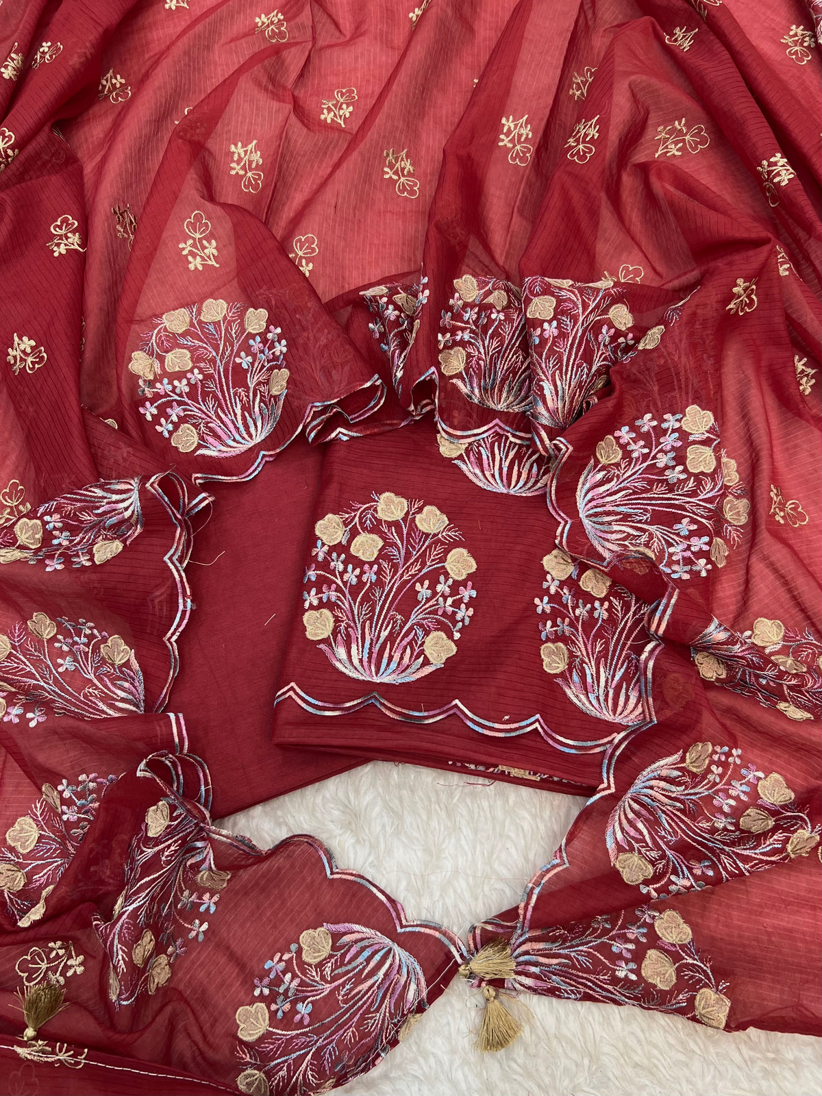 Pure mal Chanderi stripe weaved floral embroidered blossom boota unstiched suits sets