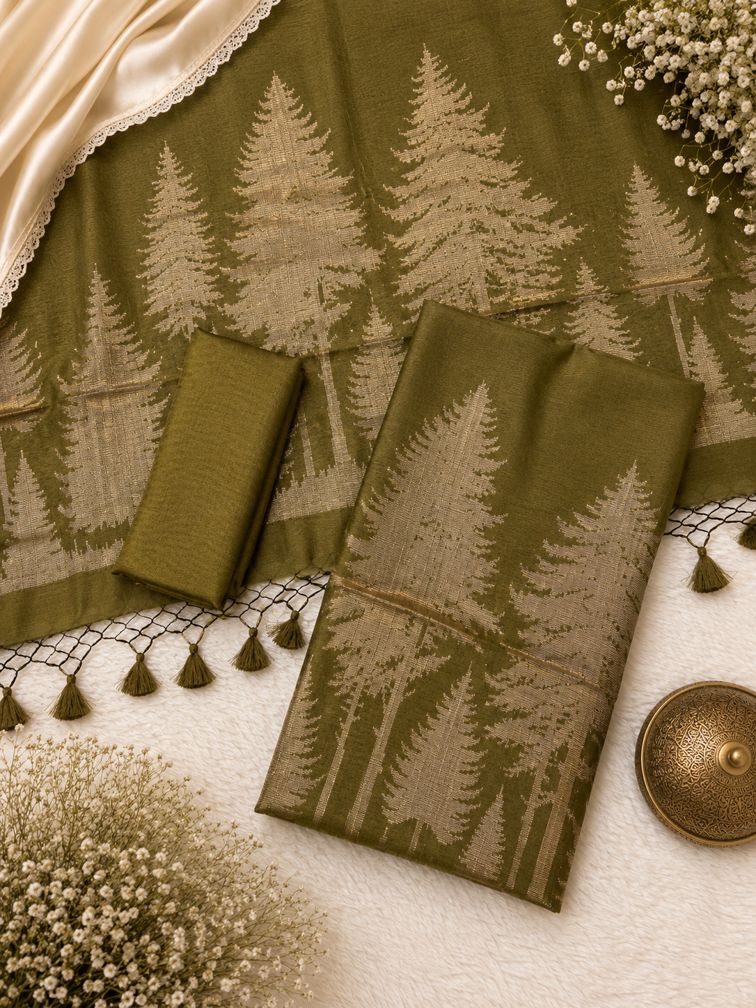 Tussar silk zari weaved botanical forest inspired design unstiched suits sets