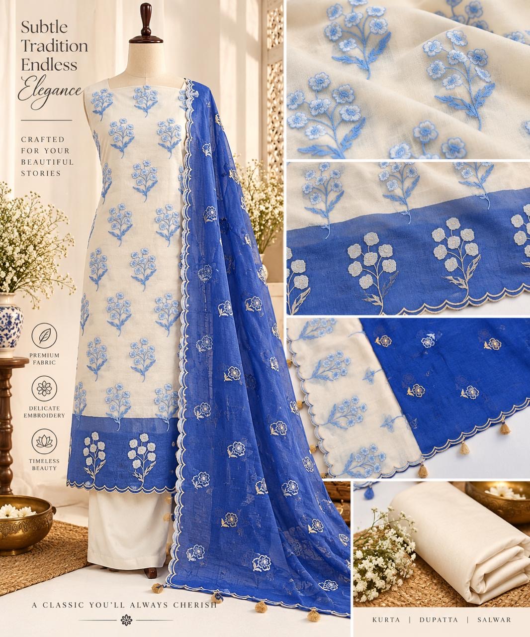 Pure mal Chanderi tussar beige cotton Applique contrast dyed unstiched suits