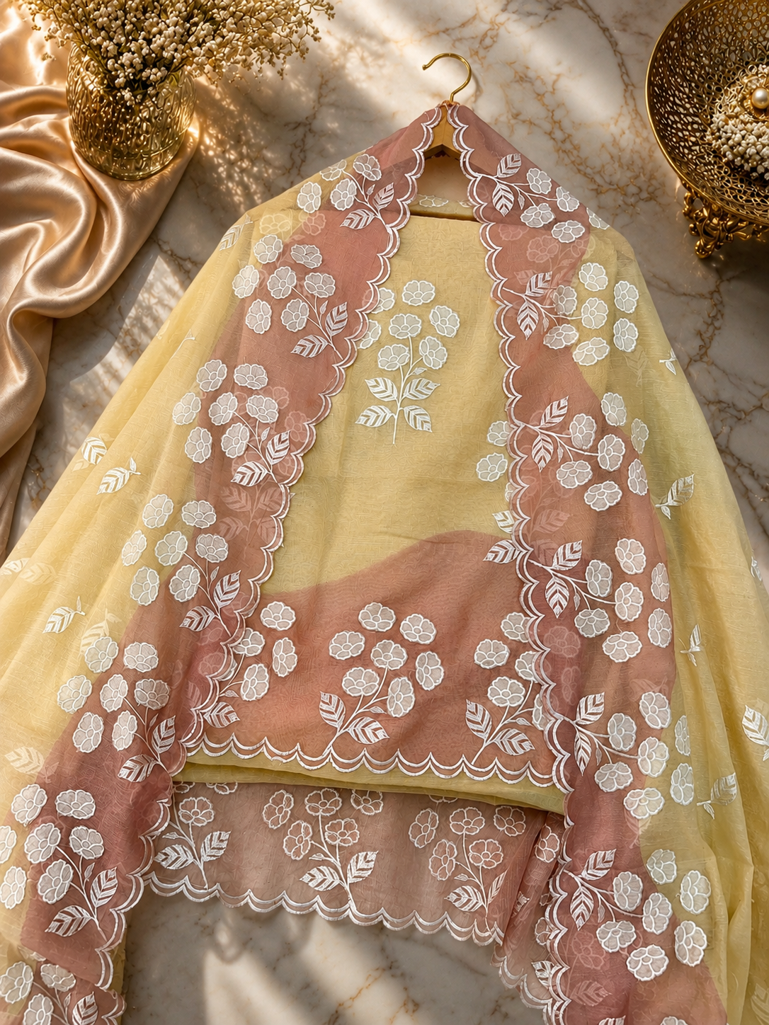 Pure mal Chanderi embroidery with cotton Applique ombre contrast dyeing effect unstitched suits sets