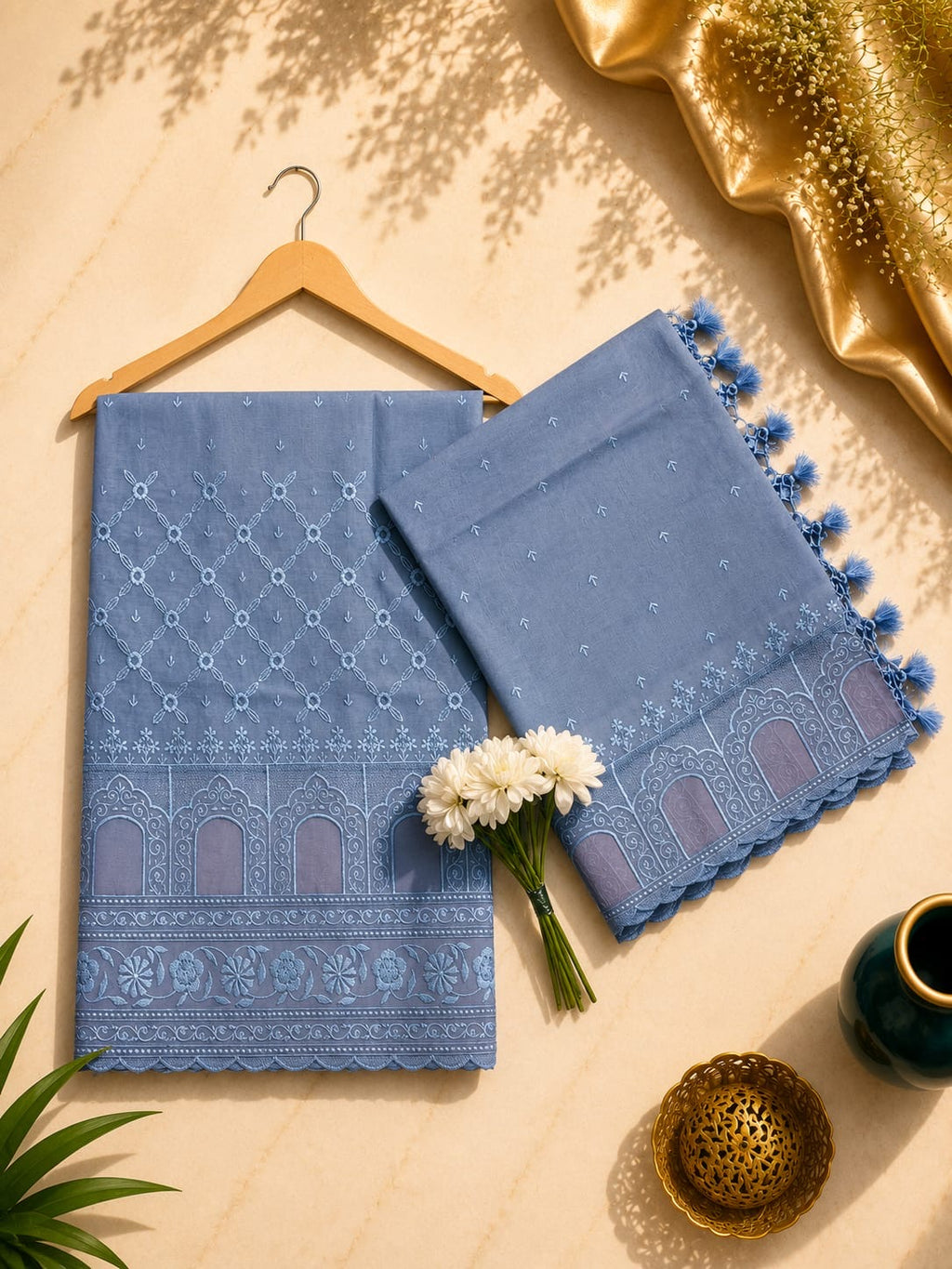 Pure mal Chanderi embroidery with organza Applique cutwork unstitched suit sets