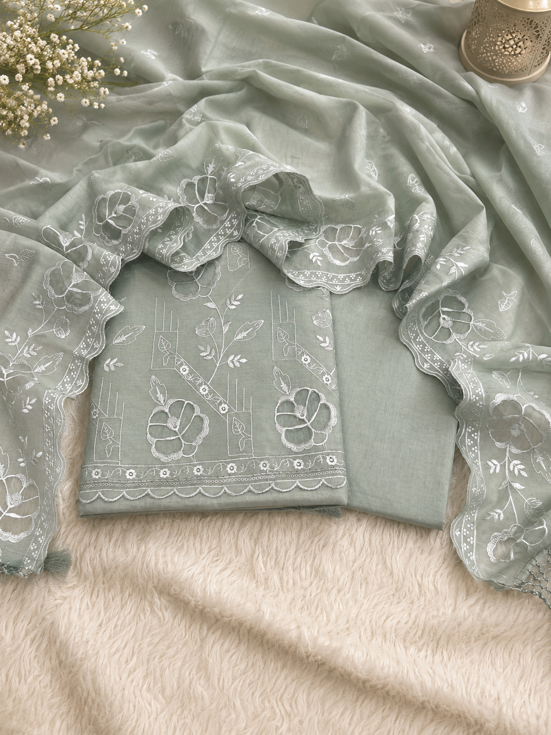 Pure mal chanderi embroidered organza Applique unstiched suits sets
