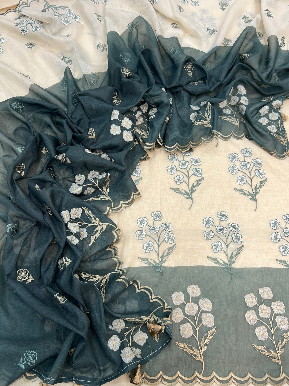Pure mal Chanderi tussar beige cotton Applique contrast dyed unstiched suits