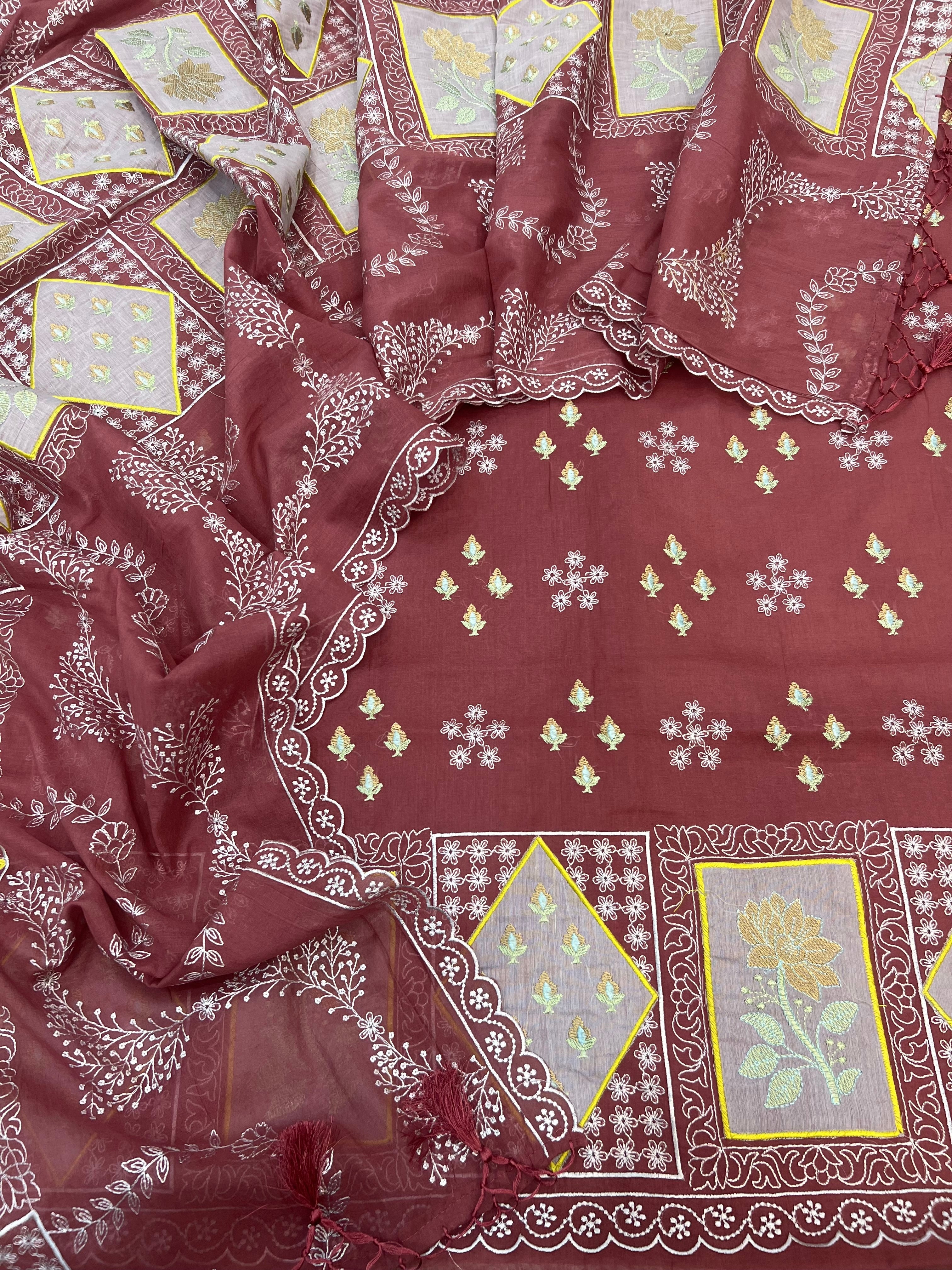 Pure mal Chanderi gharchola embroidery cotton patchwork unstiched suits sets