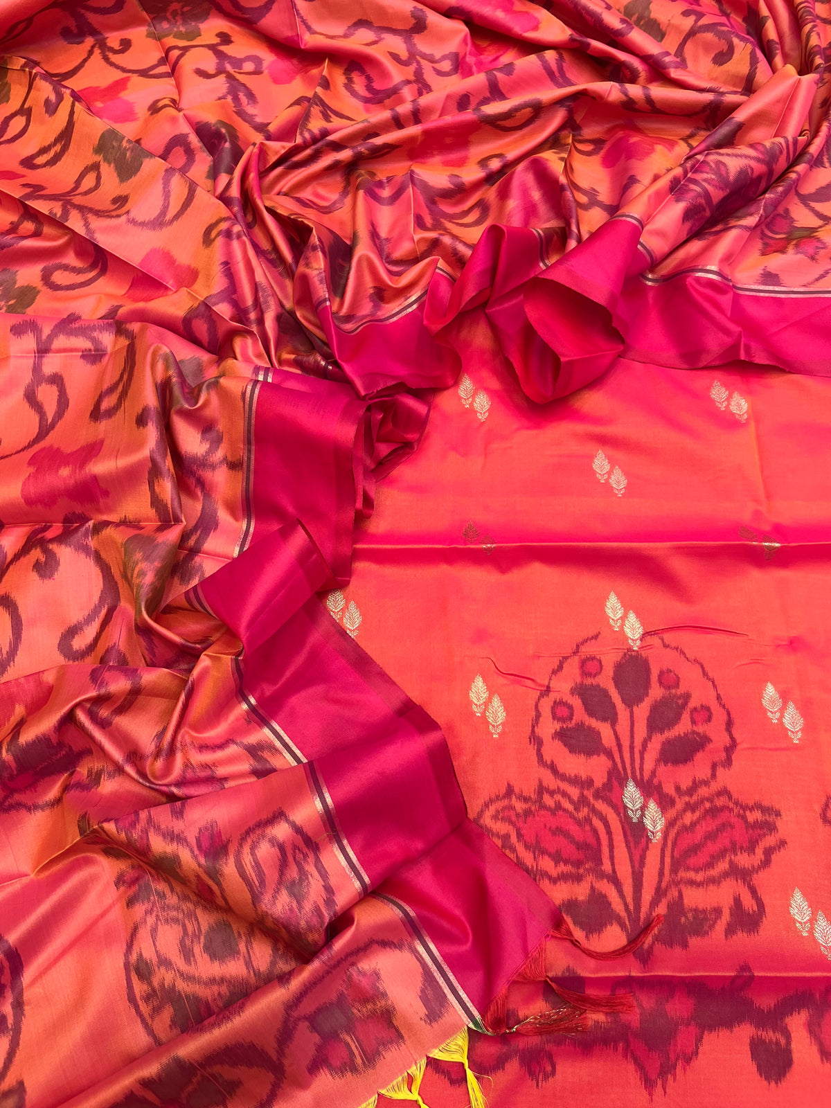 Pochampalli ikkat tani print katan silk unstiched suits sets