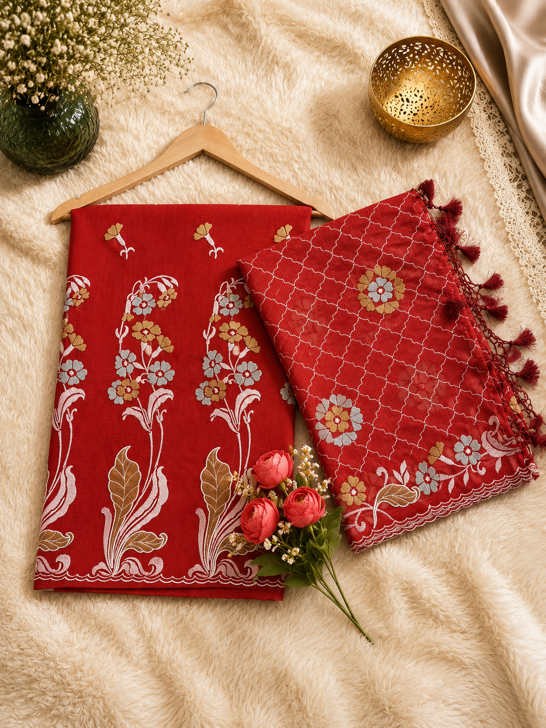 Pure mal Chanderi self stripe weaved Embroidered Applique tissue unstiched suits sets