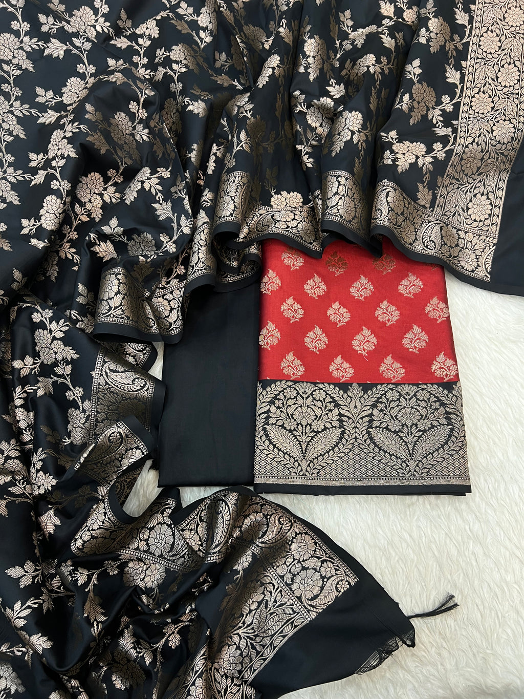 Banarasi silk zari jackard weaving multi contrast unstitched suits sets