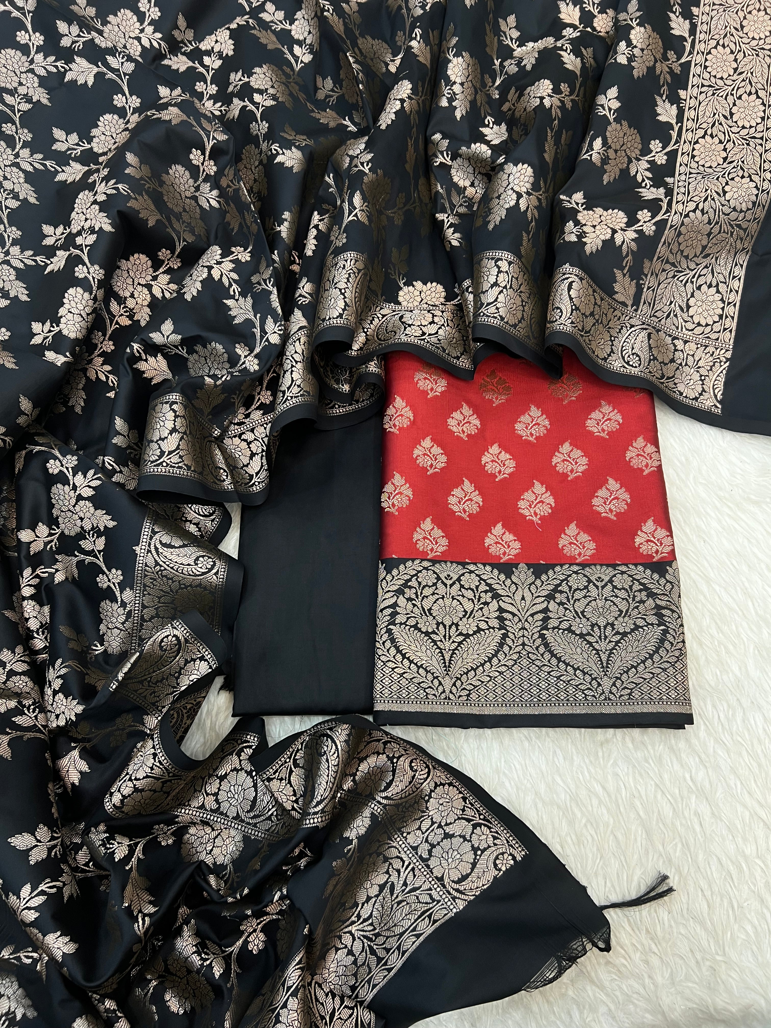Banarasi silk zari jackard weaving multi contrast unstitched suits sets