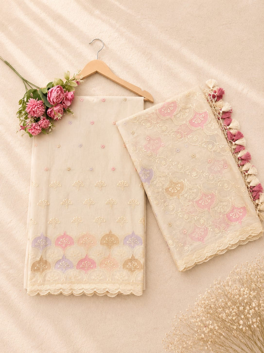 Pure mal Chanderi interlocking arched rangkat multi embroidered unstitched suit sets