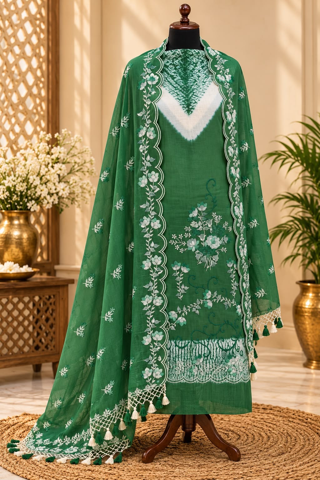 Bandhani shibori dyed pure mal Chanderi embroidery work suits sets