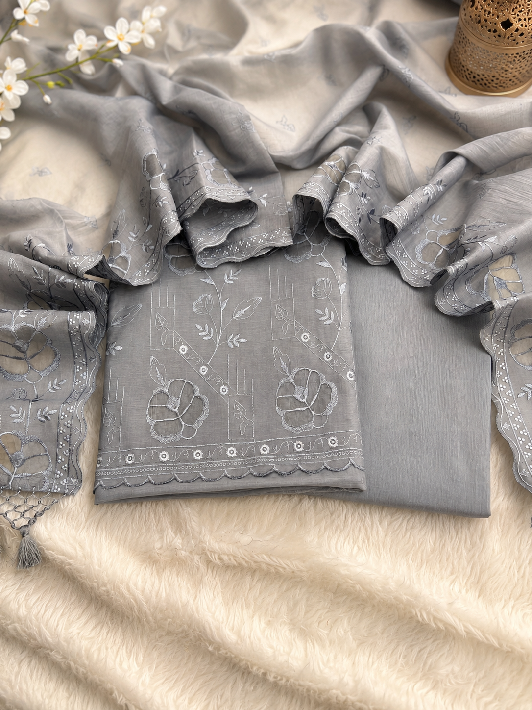Pure mal chanderi embroidered organza Applique unstiched suits sets