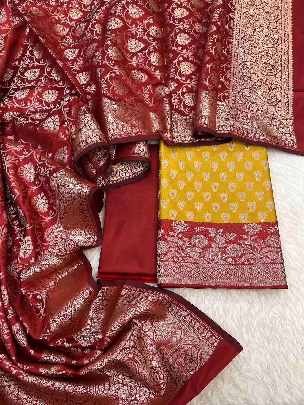 Banarasi silk zari jackard weaving multi contrast unstitched suits sets