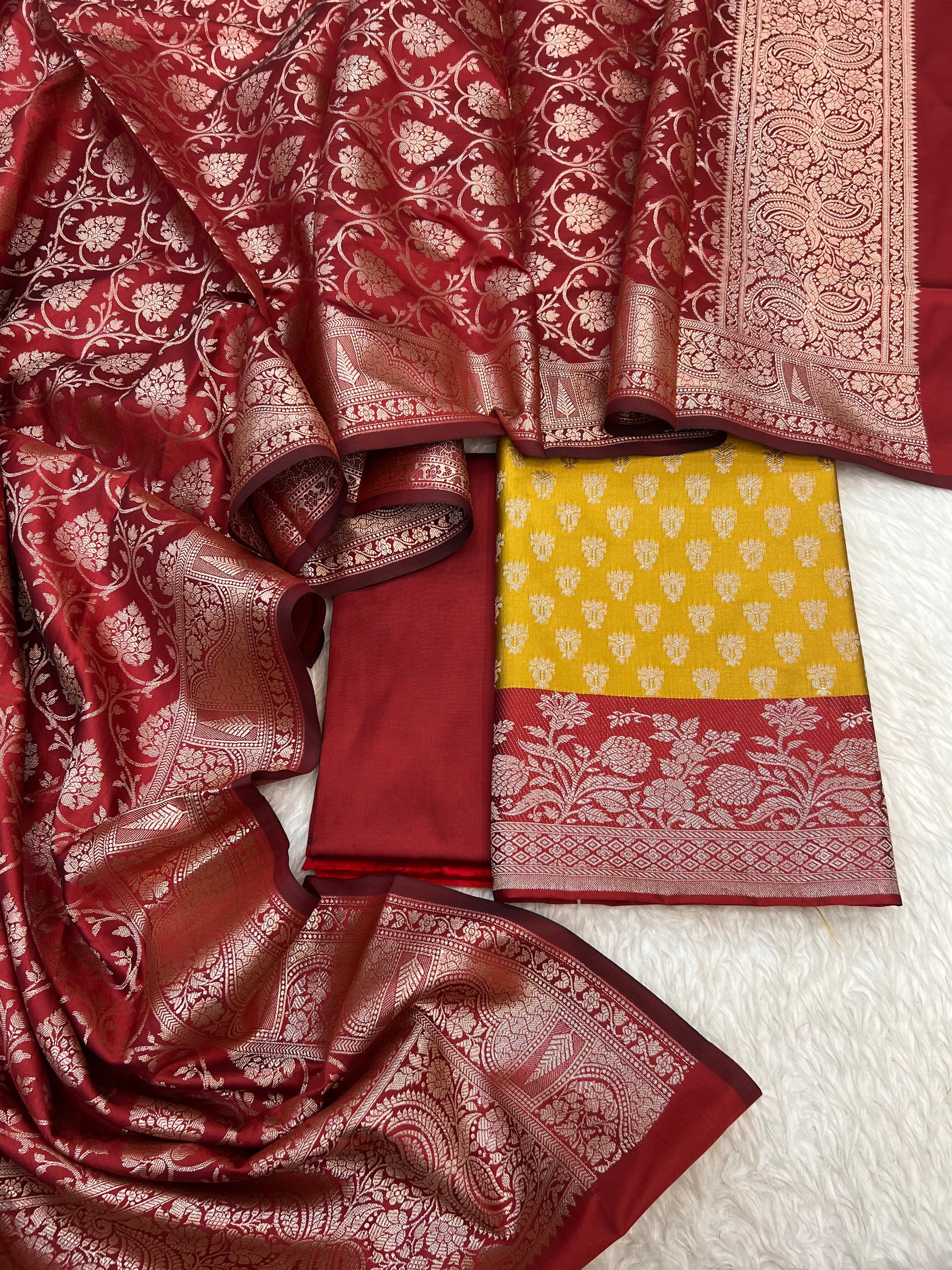 Banarasi silk zari jackard weaving multi contrast unstitched suits sets