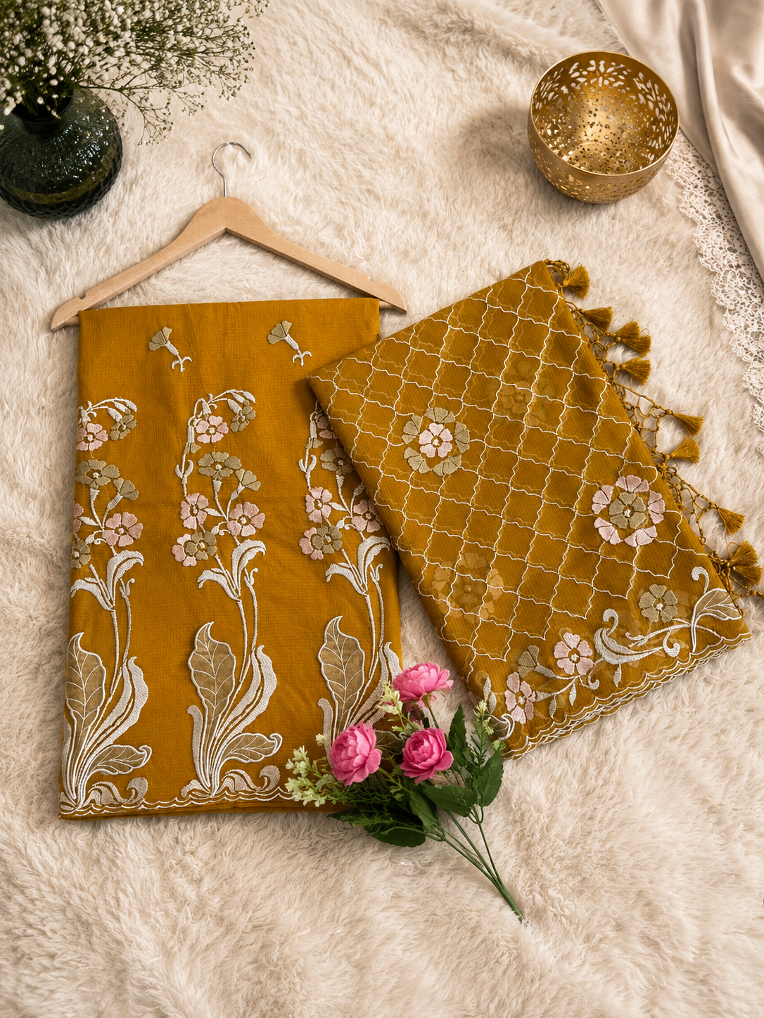 Pure mal Chanderi self stripe weaved Embroidered Applique tissue unstiched suits sets