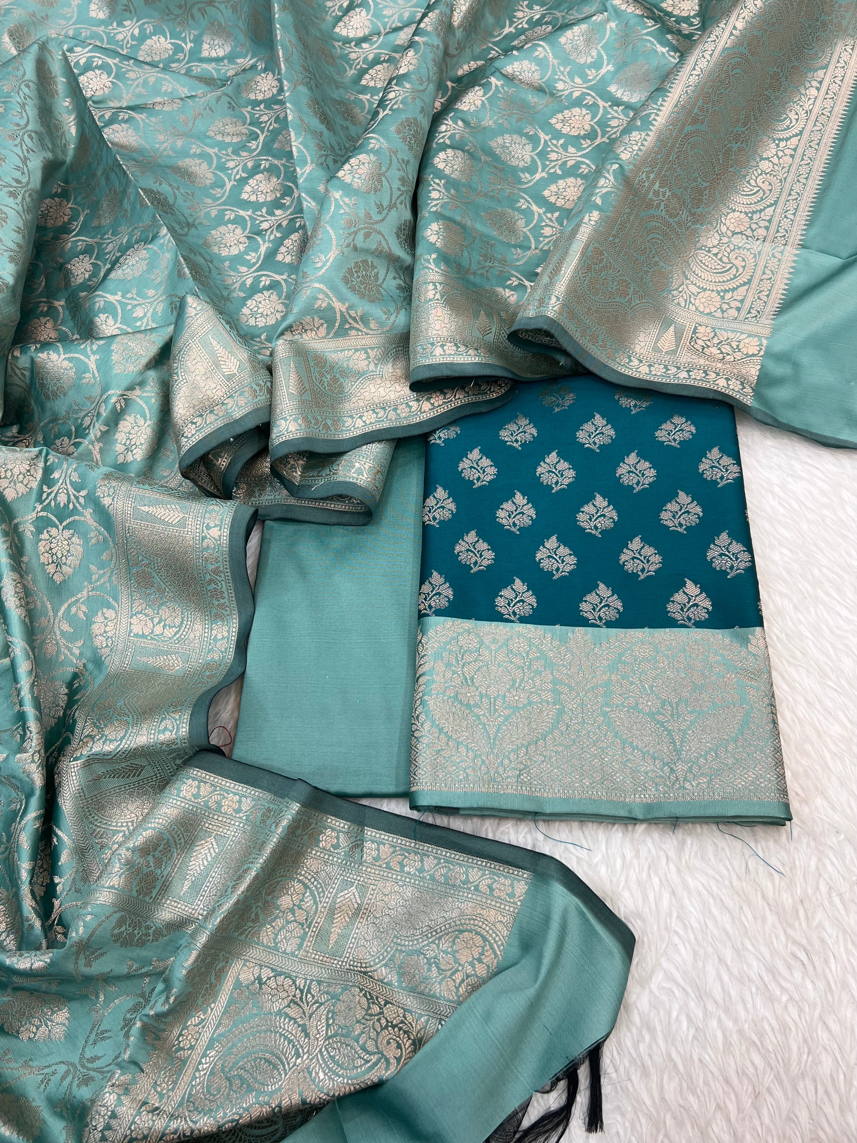 Banarasi silk zari jackard weaving multi contrast unstitched suits sets