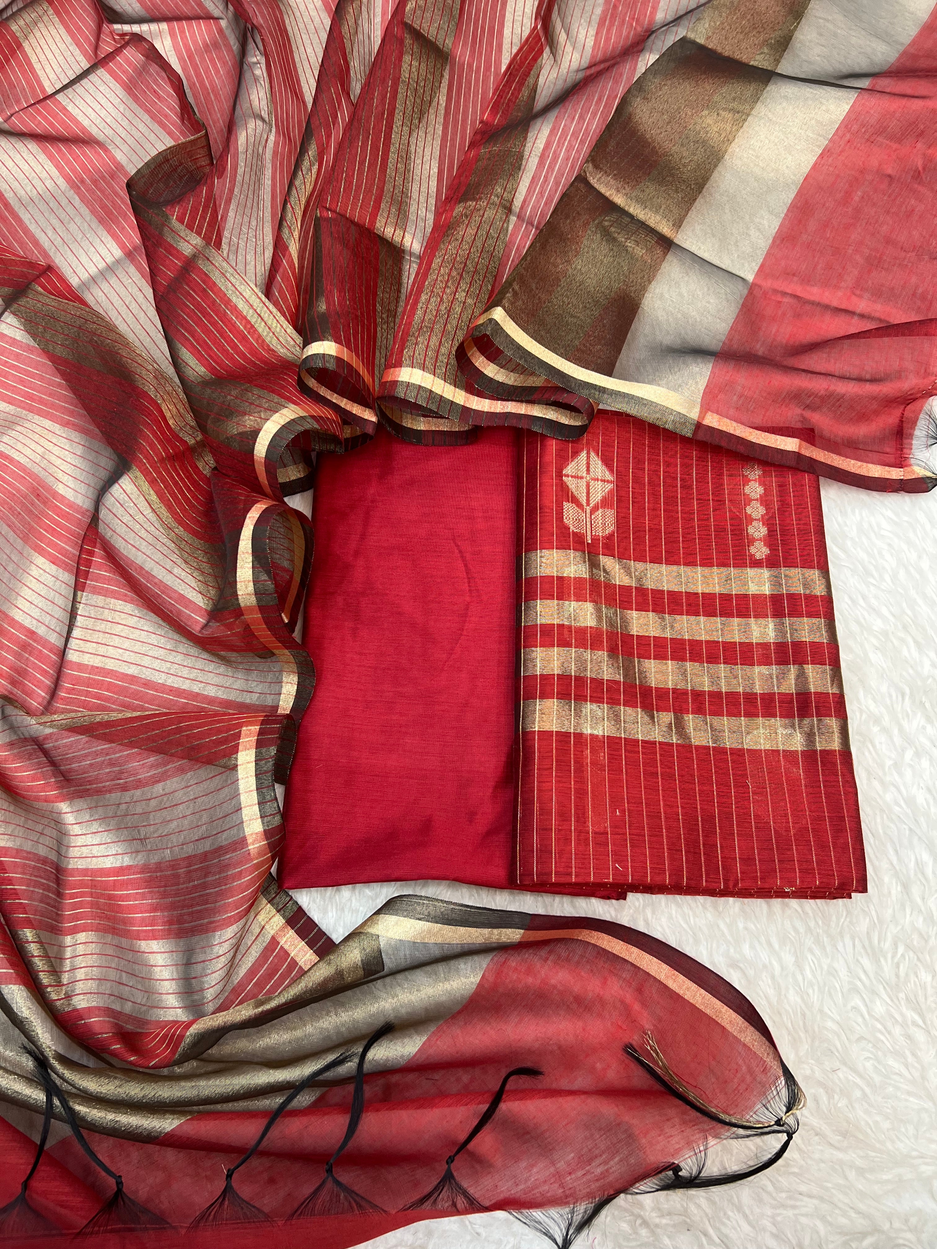 Banarasi cotton zari stripe almond boota design unstitched suit sets