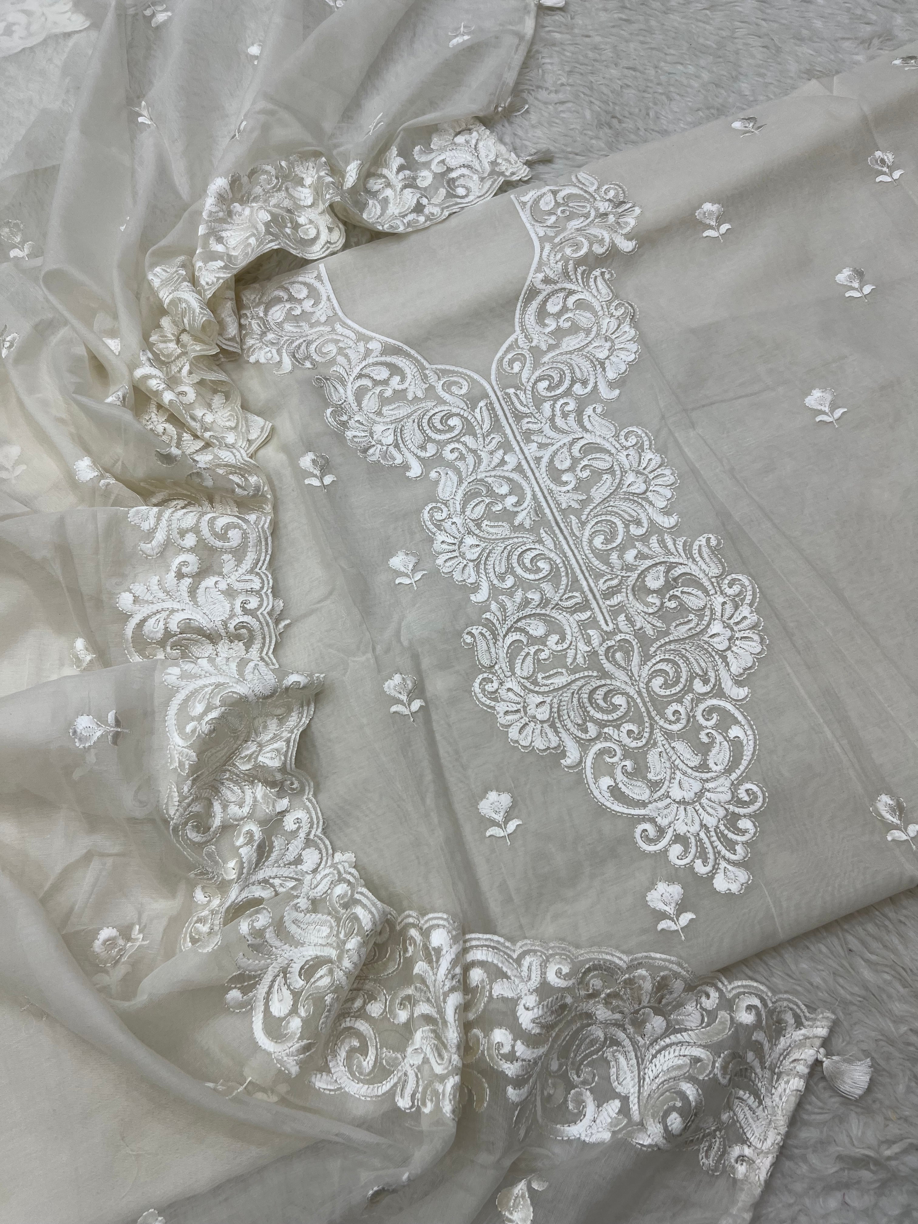 Pure mal Chanderi off white dyeable chikankari embroidery neck design suits