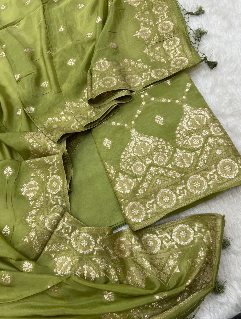 Pure crape antique almond zari weaved unstitched suits collections