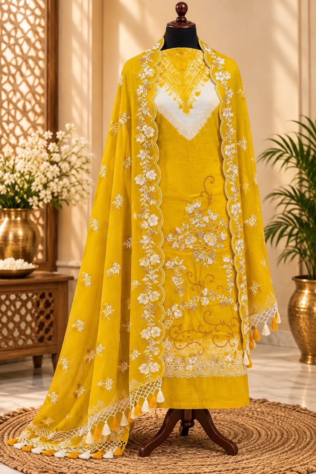 Bandhani shibori dyed pure mal Chanderi embroidery work suits sets