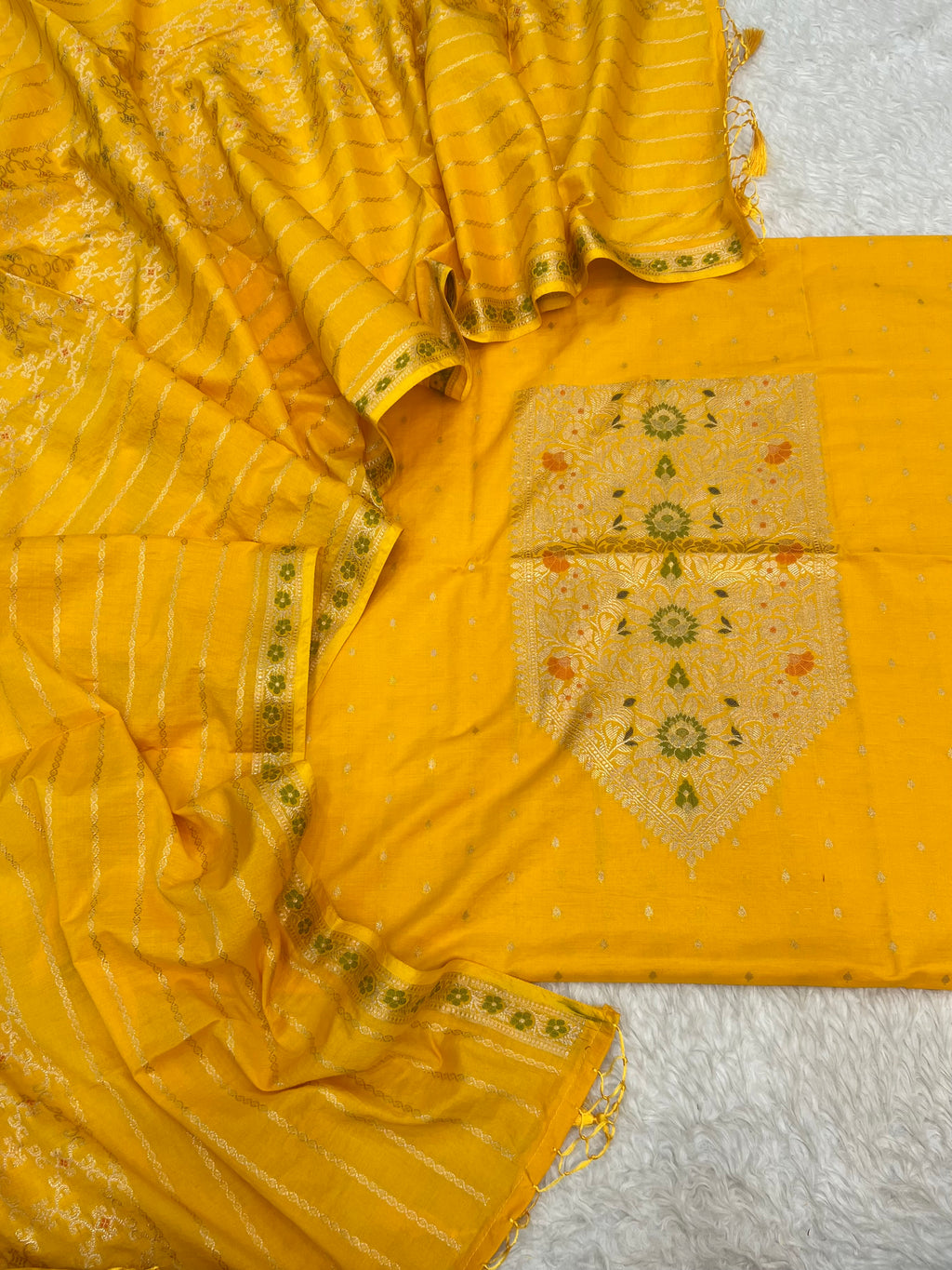 Pure mal Chanderi zari minakari weaved neck work design unstiched suits sets