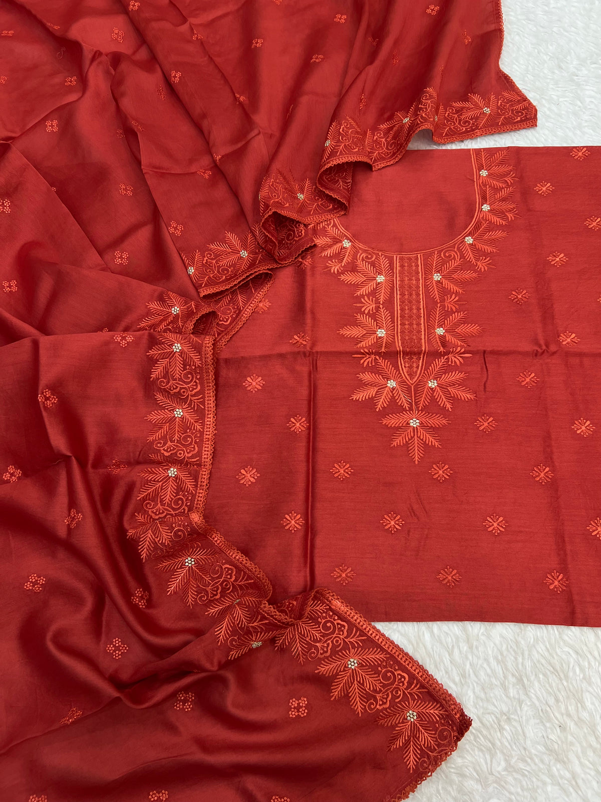 Pure maheshwari silk neck work embroidered zari mina unstiched suits sets