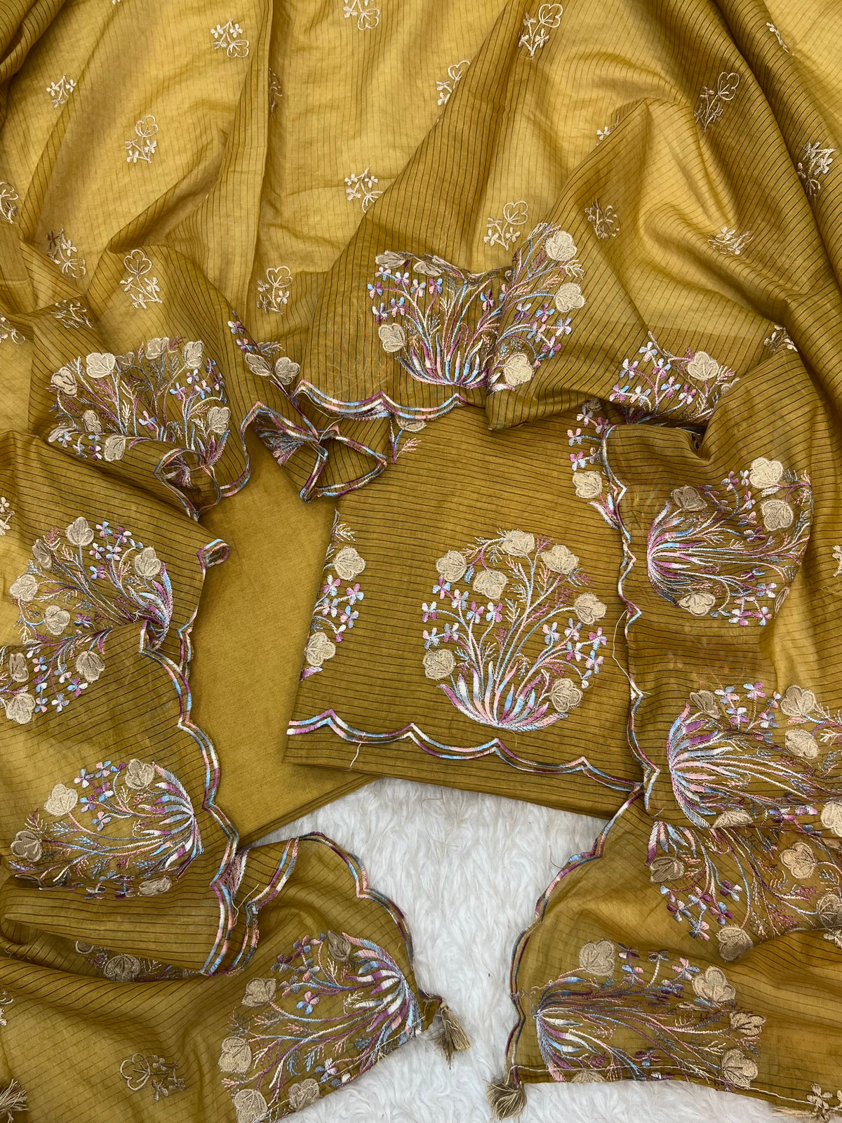 Pure mal Chanderi stripe weaved floral embroidered blossom boota unstiched suits sets