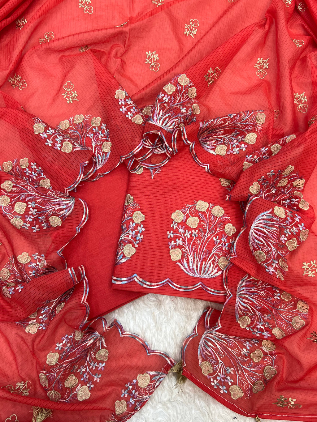 Pure mal Chanderi stripe weaved floral embroidered blossom boota unstiched suits sets