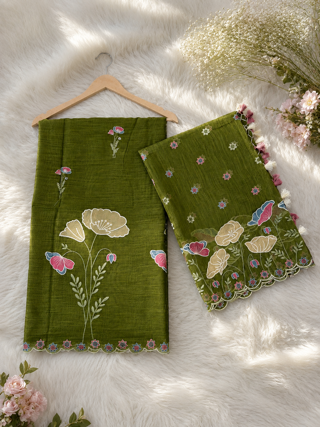 Linen multi thread embroidered tissue Applique kalga design unstiched suits