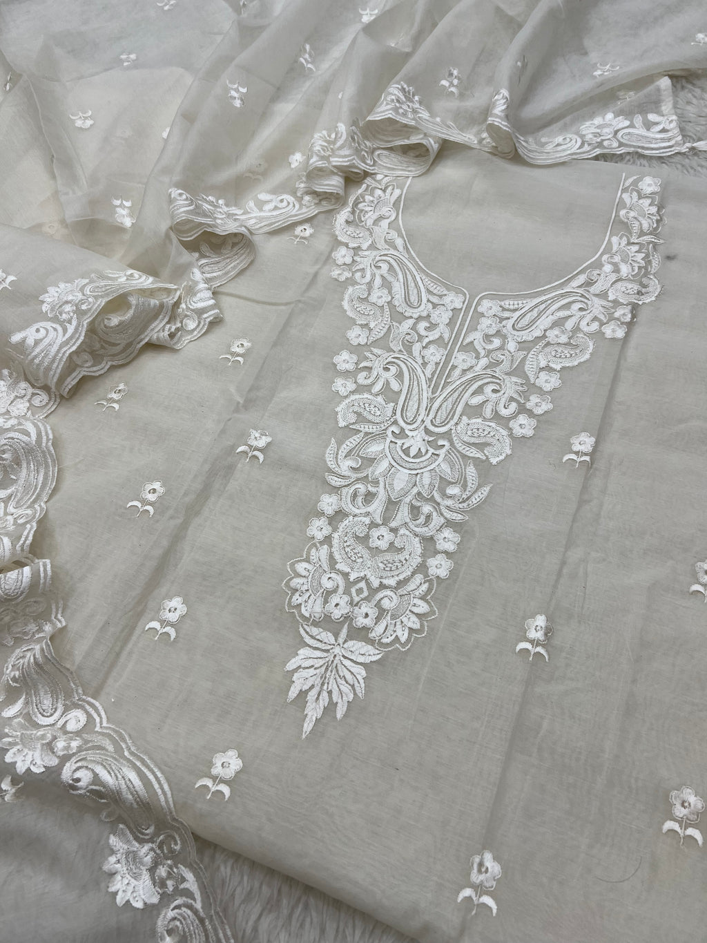 Pure mal Chanderi off white dyeable chikankari Embroidery neck design suits