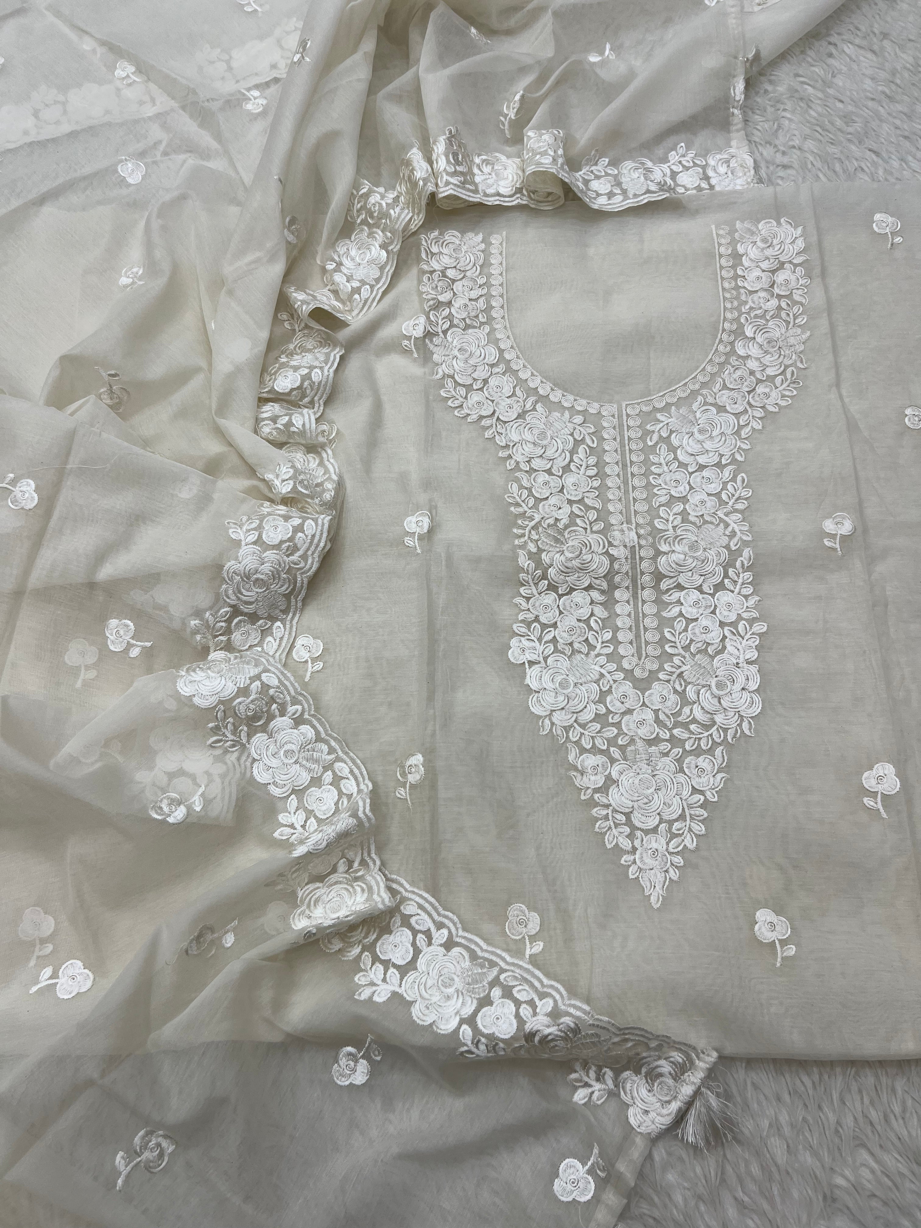 Pure mal Chanderi off white dyeable chikankari embroidery neck design suits