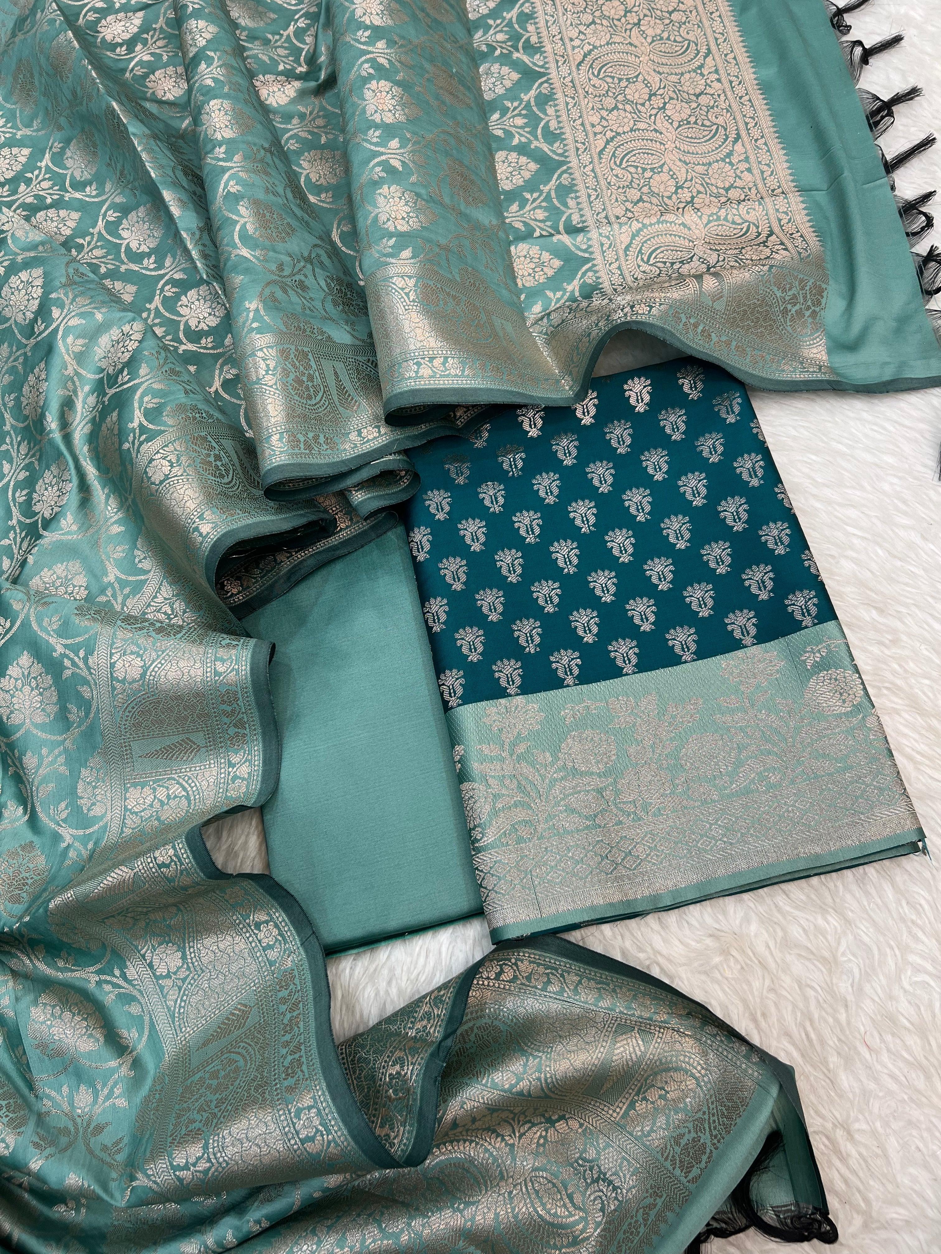 Banarasi silk zari jackard weaving multi contrast unstitched suits sets