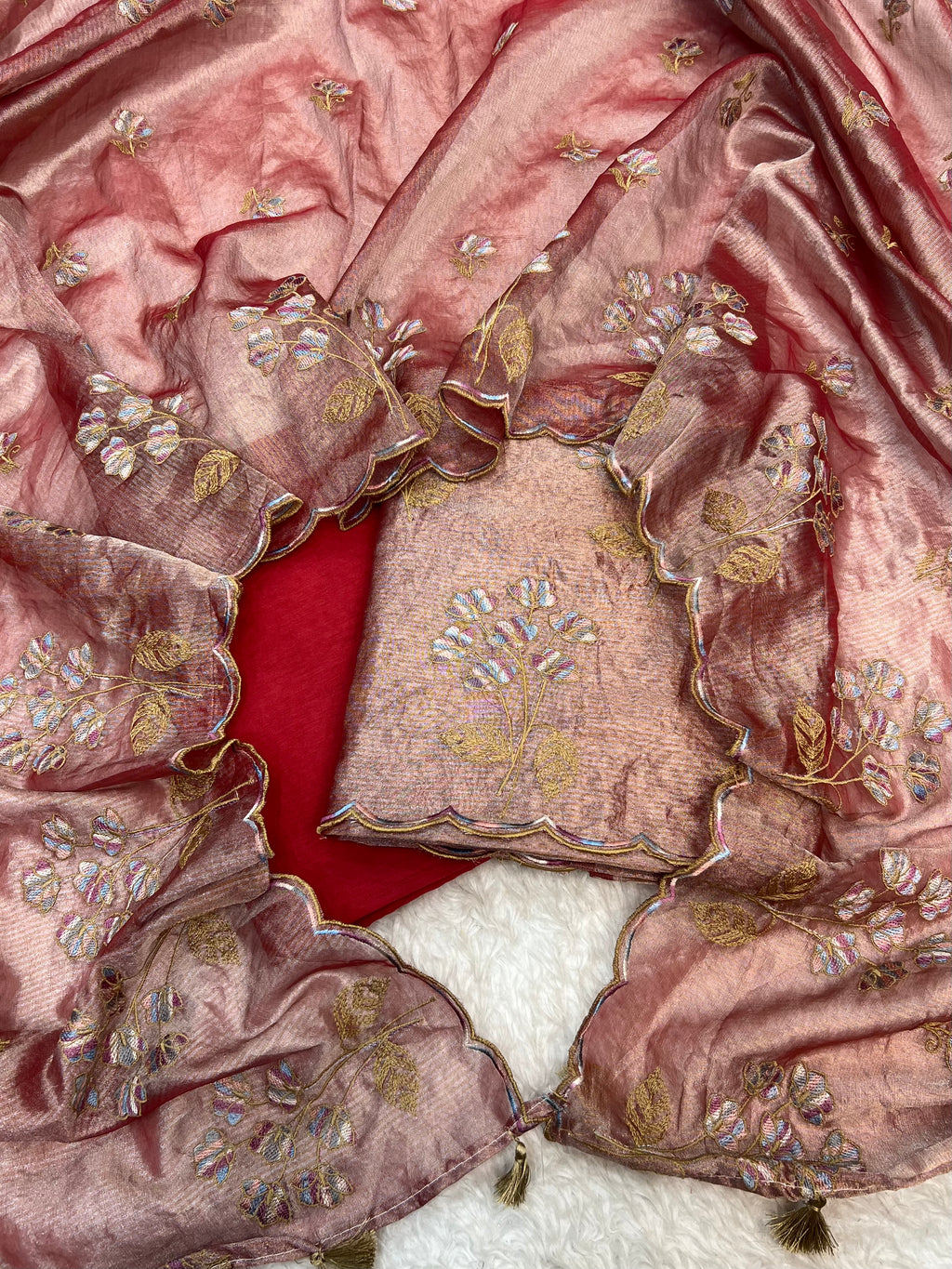 Pure tissue stripe zari weaved with embroidery work unstiched suits sets
