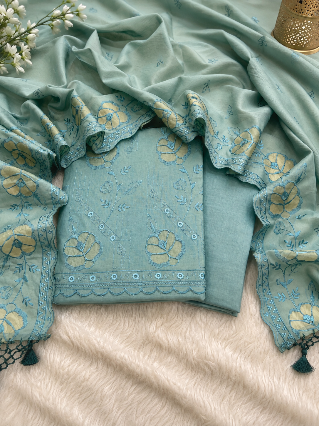 Pure mal chanderi embroidered organza Applique unstiched suits sets