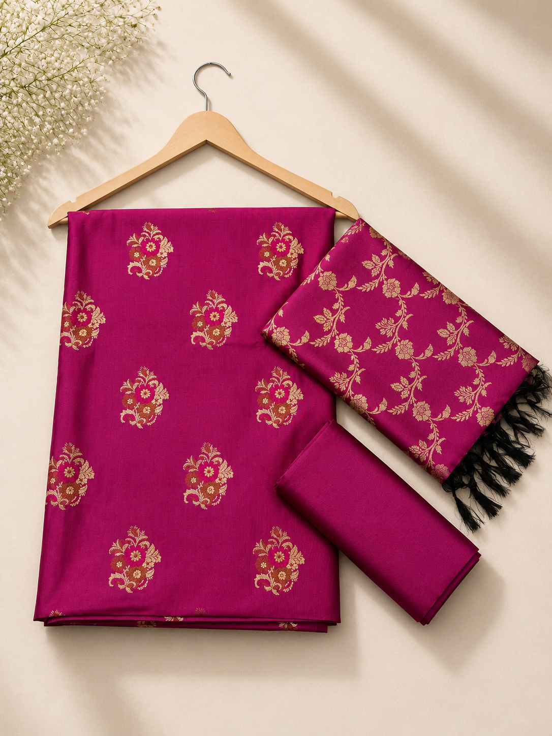 Banarasi silk zari tilfi Mina guldasta boota weaved unstitched suits sets
