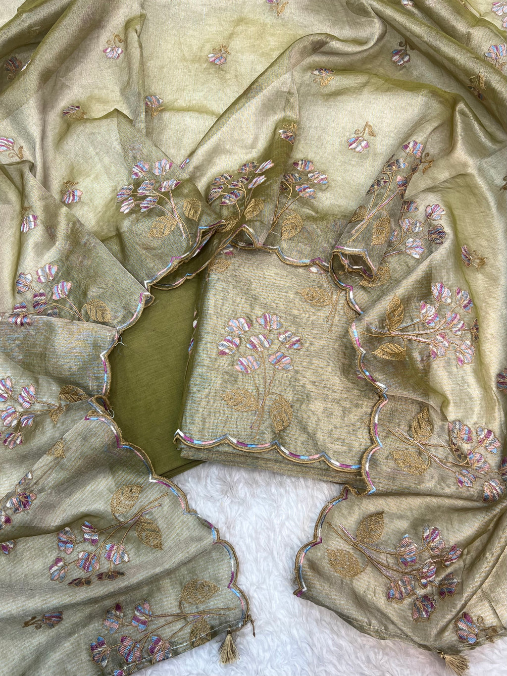 Pure tissue stripe zari weaved with embroidery work unstiched suits sets