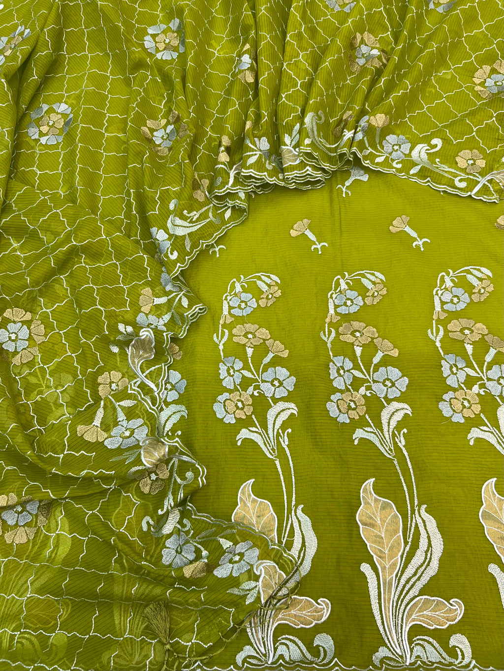 Pure mal Chanderi self stripe weaved Embroidered Applique tissue unstiched suits sets