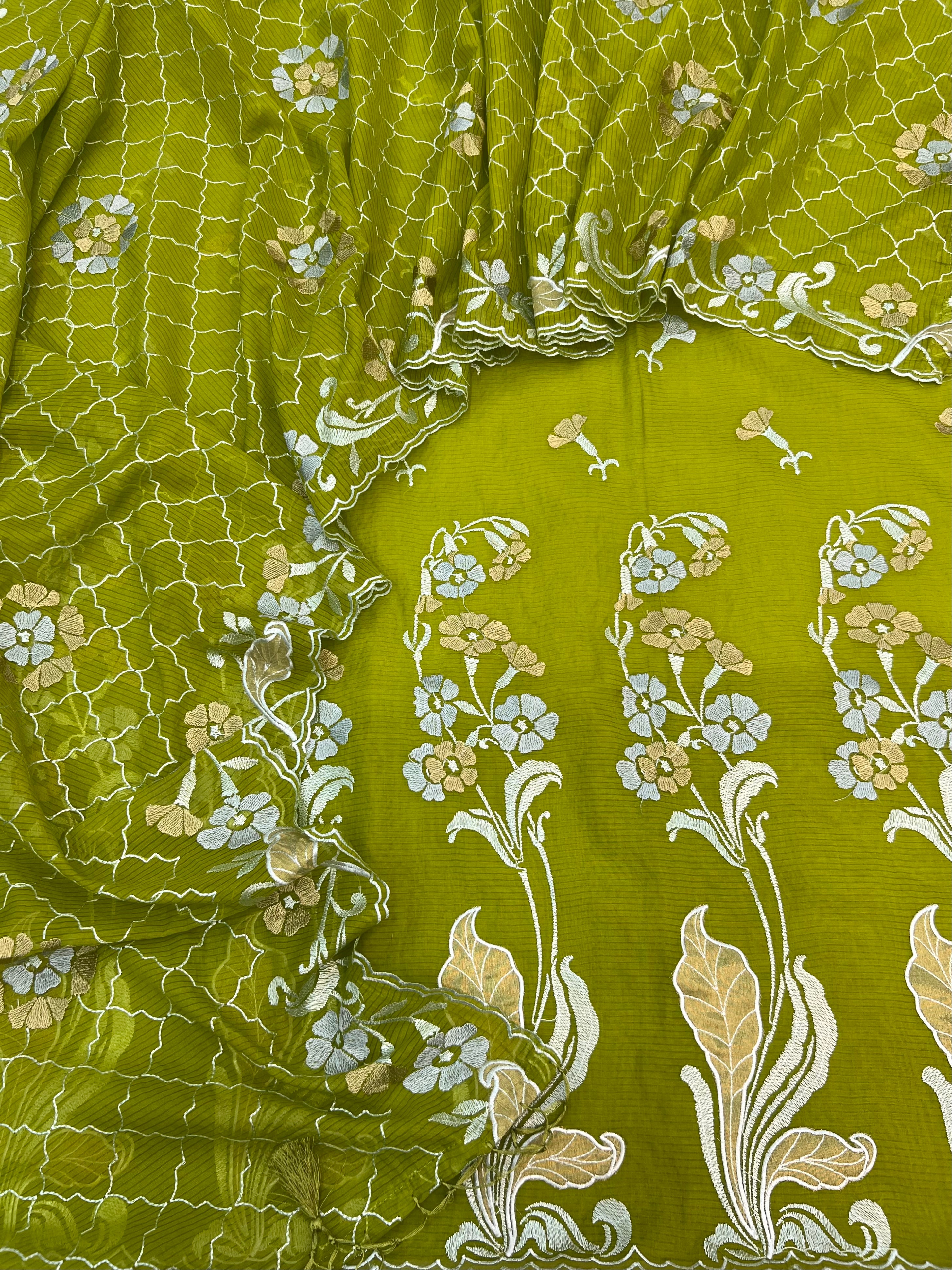 Pure mal Chanderi self stripe weaved Embroidered Applique tissue unstiched suits sets