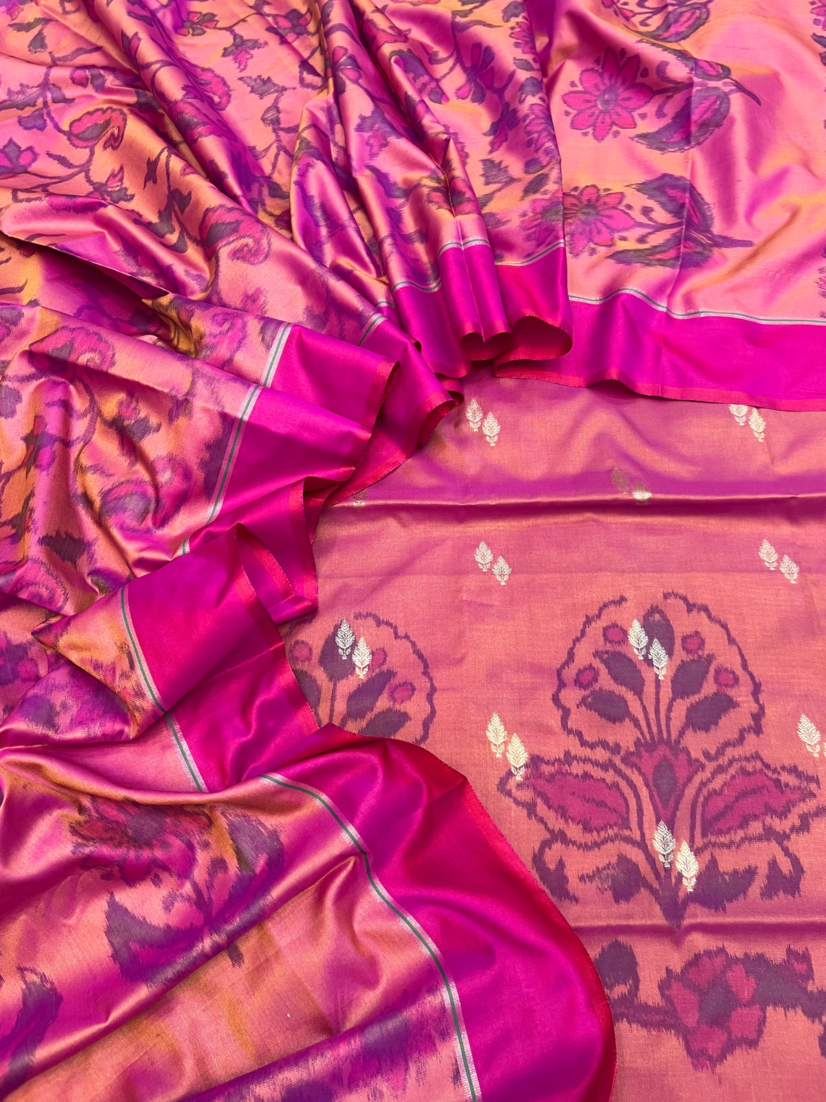 Pochampalli ikkat tani print katan silk unstiched suits sets