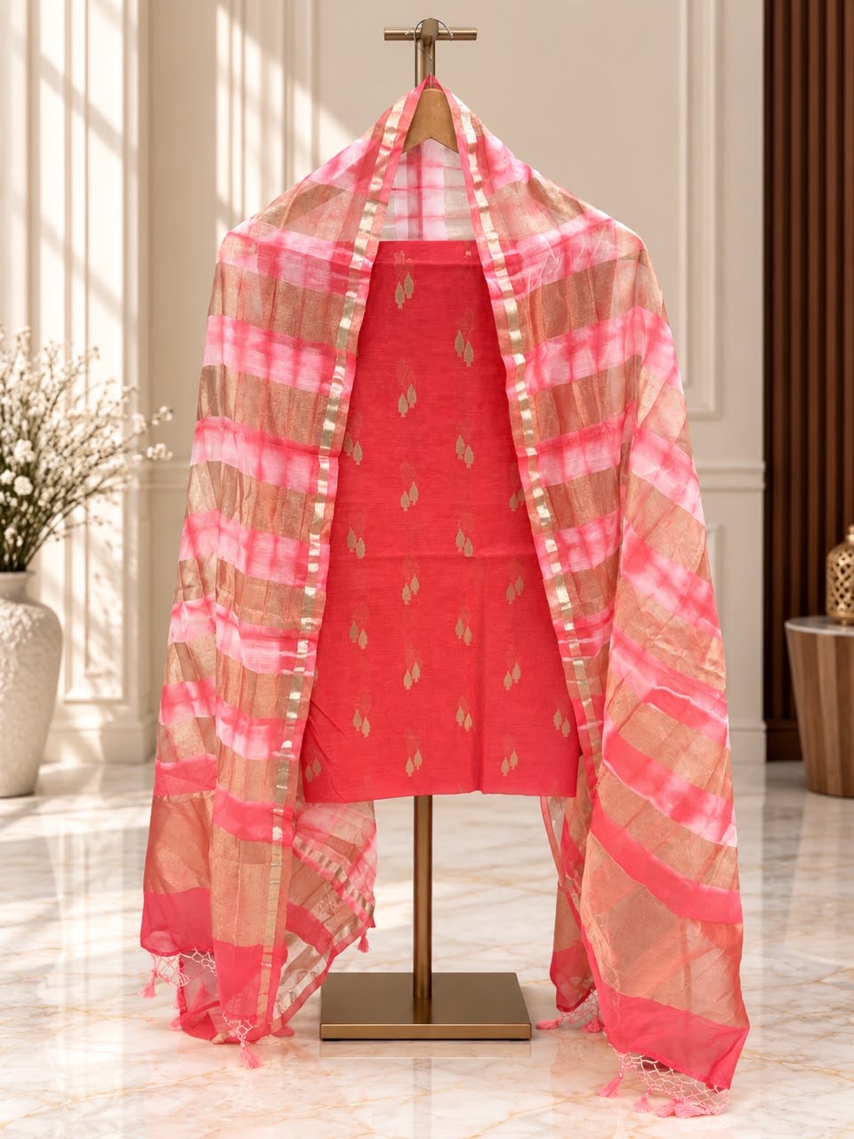 Pure mal Chanderi zari stripe weaved rainbow dyed unstiched suits