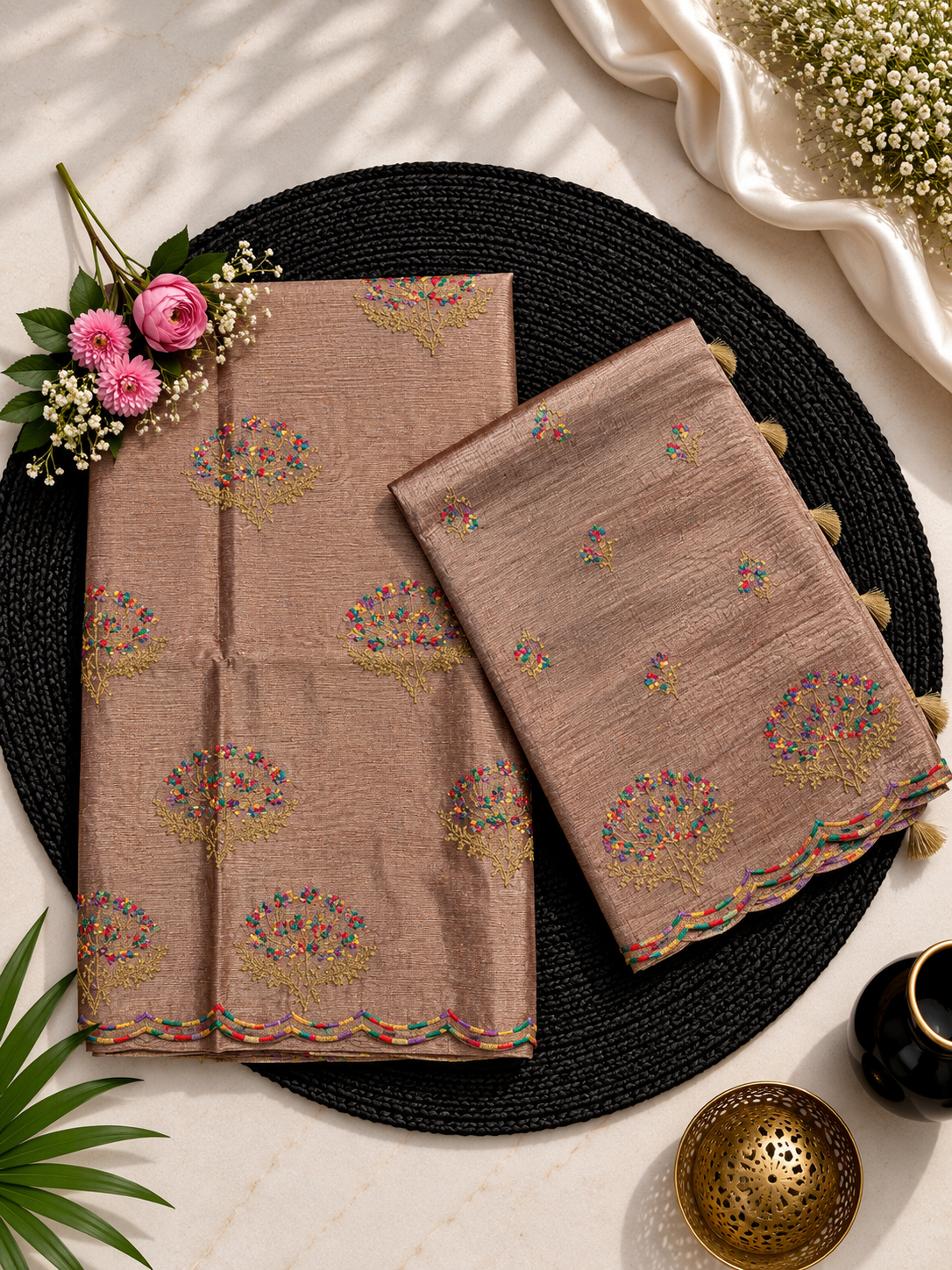 Pure tissue stripe zari weaved with embroidery work unstiched suits sets