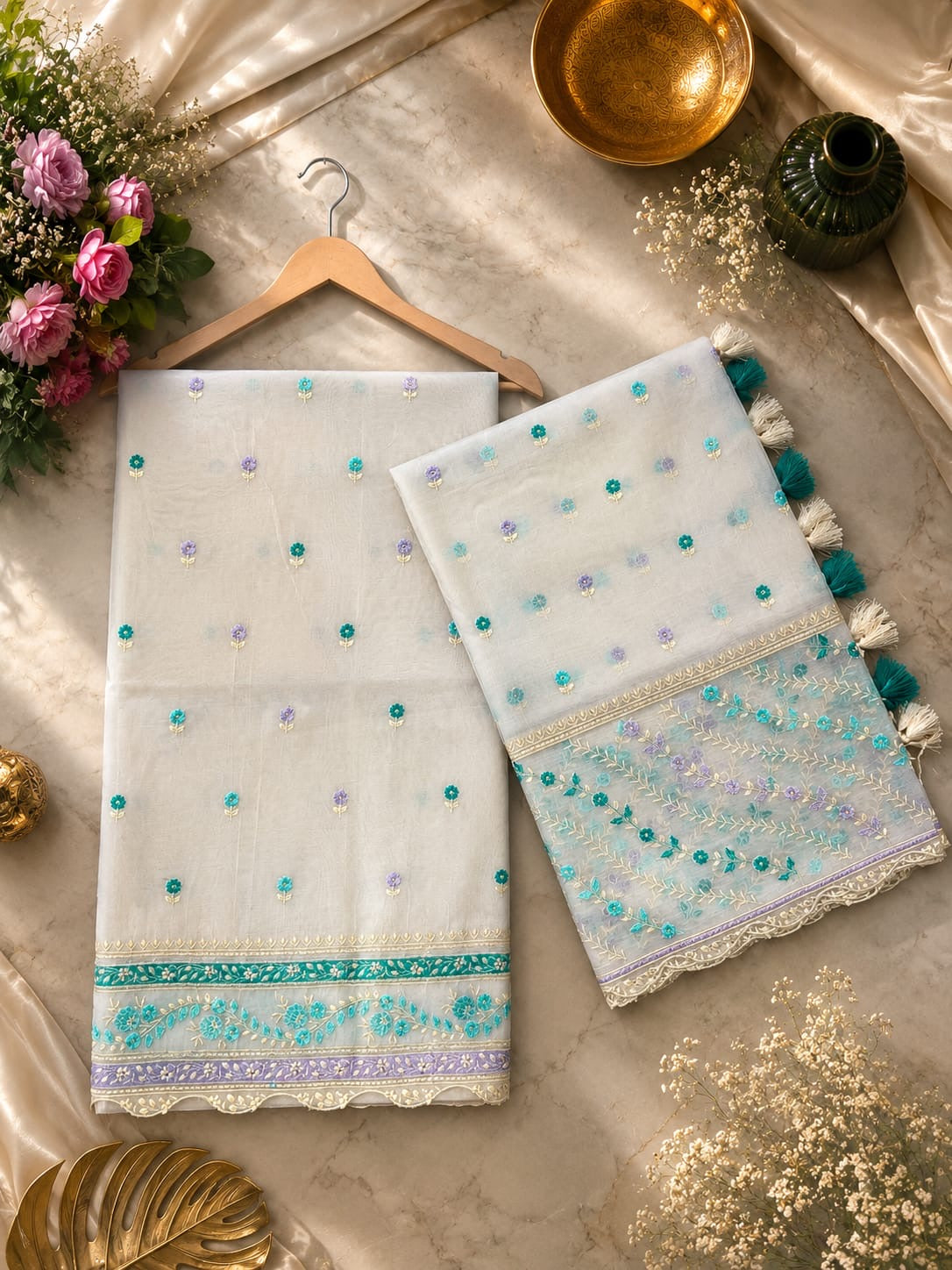 Pure mal Chanderi interlocking arched rangkat multi embroidered unstitched suit sets