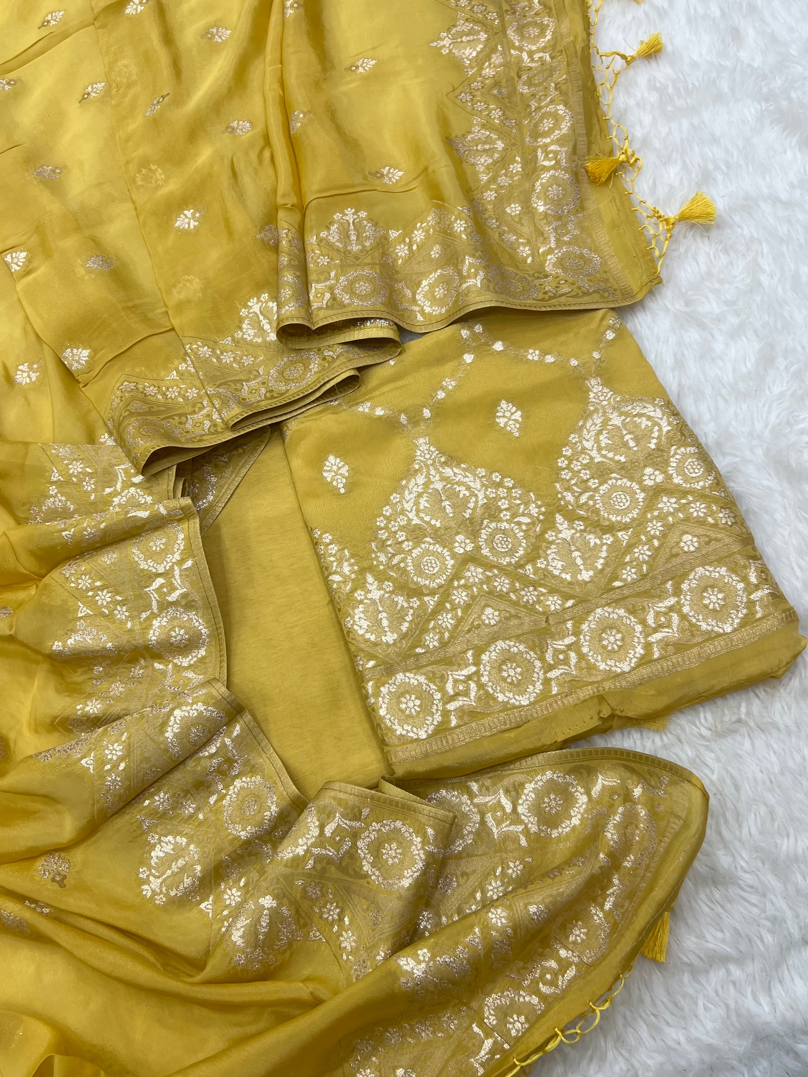 Pure crape antique almond zari weaved unstitched suits collections