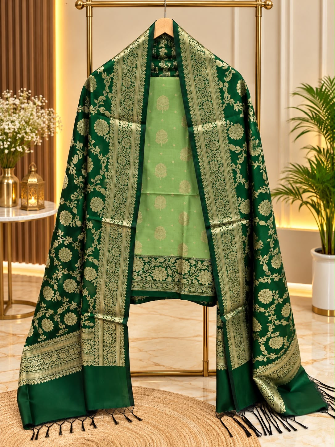 Banarasi silk zari jackard weaved contrast unstiched suits sets