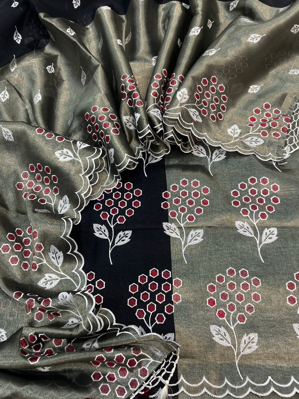 Pure tissue 2D dual shade half tissue half cotton based embroidered unstiched suits sets