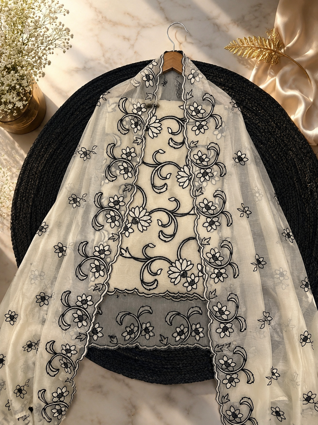 Pure mal Chanderi black thread embroidery with cotton Applique cutwork unstitched suits sets