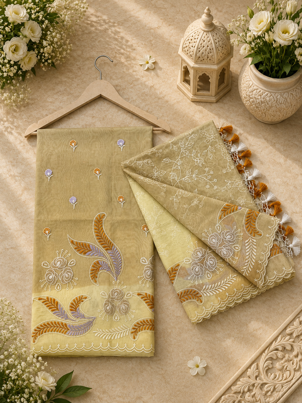 Pure mal Chanderi embroidery with contrast dyed unstiched suits sets