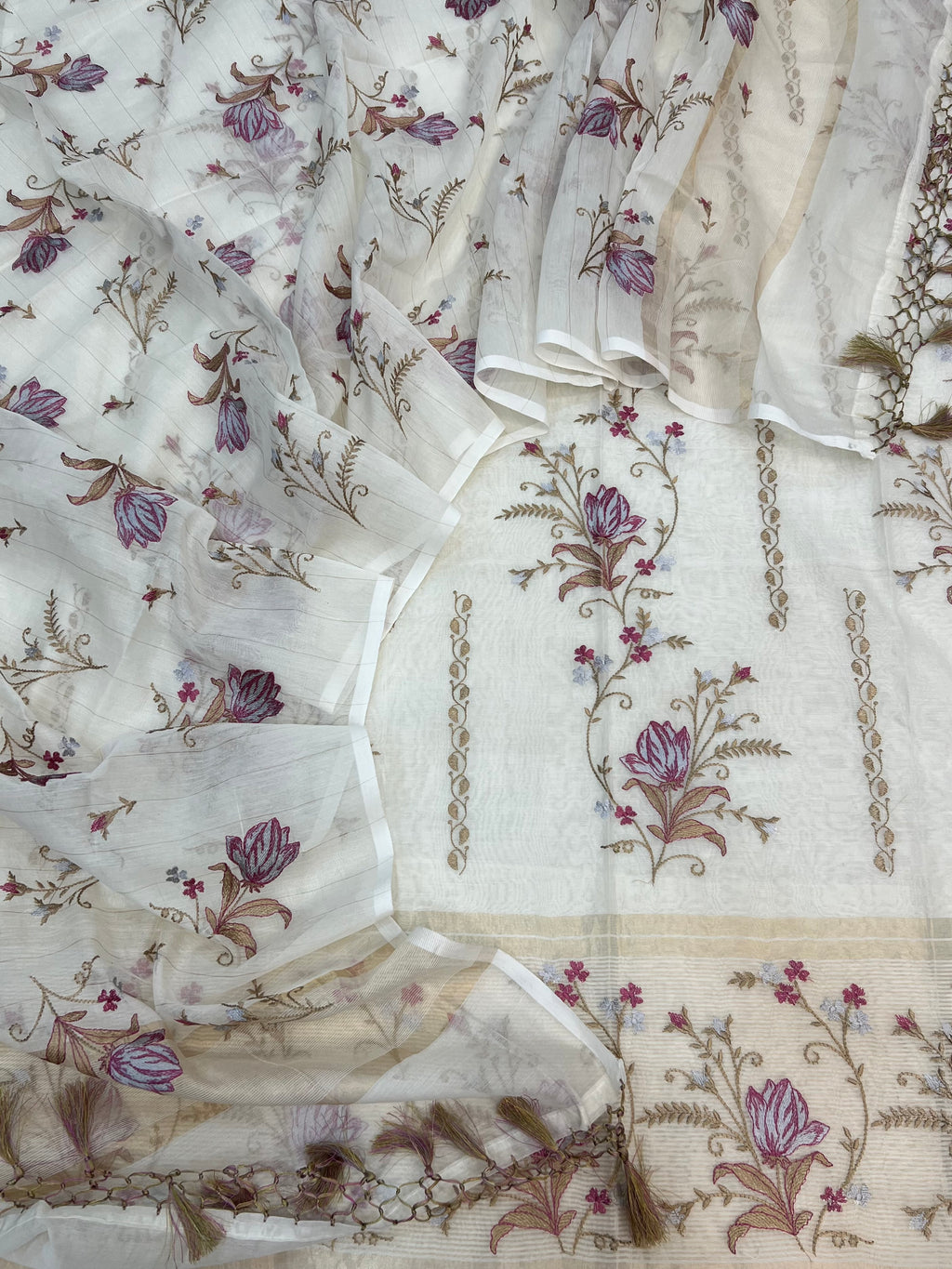 Pure mal Chanderi dyeable floral embroidery work suits